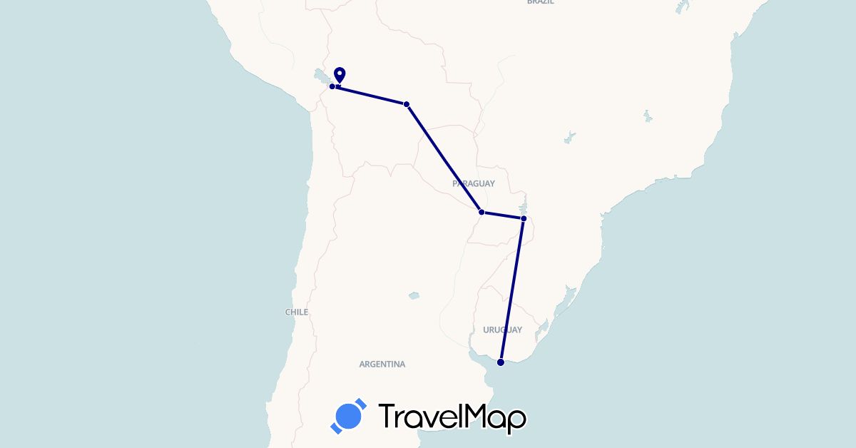 TravelMap itinerary: driving in Argentina, Bolivia, Paraguay, Uruguay (South America)